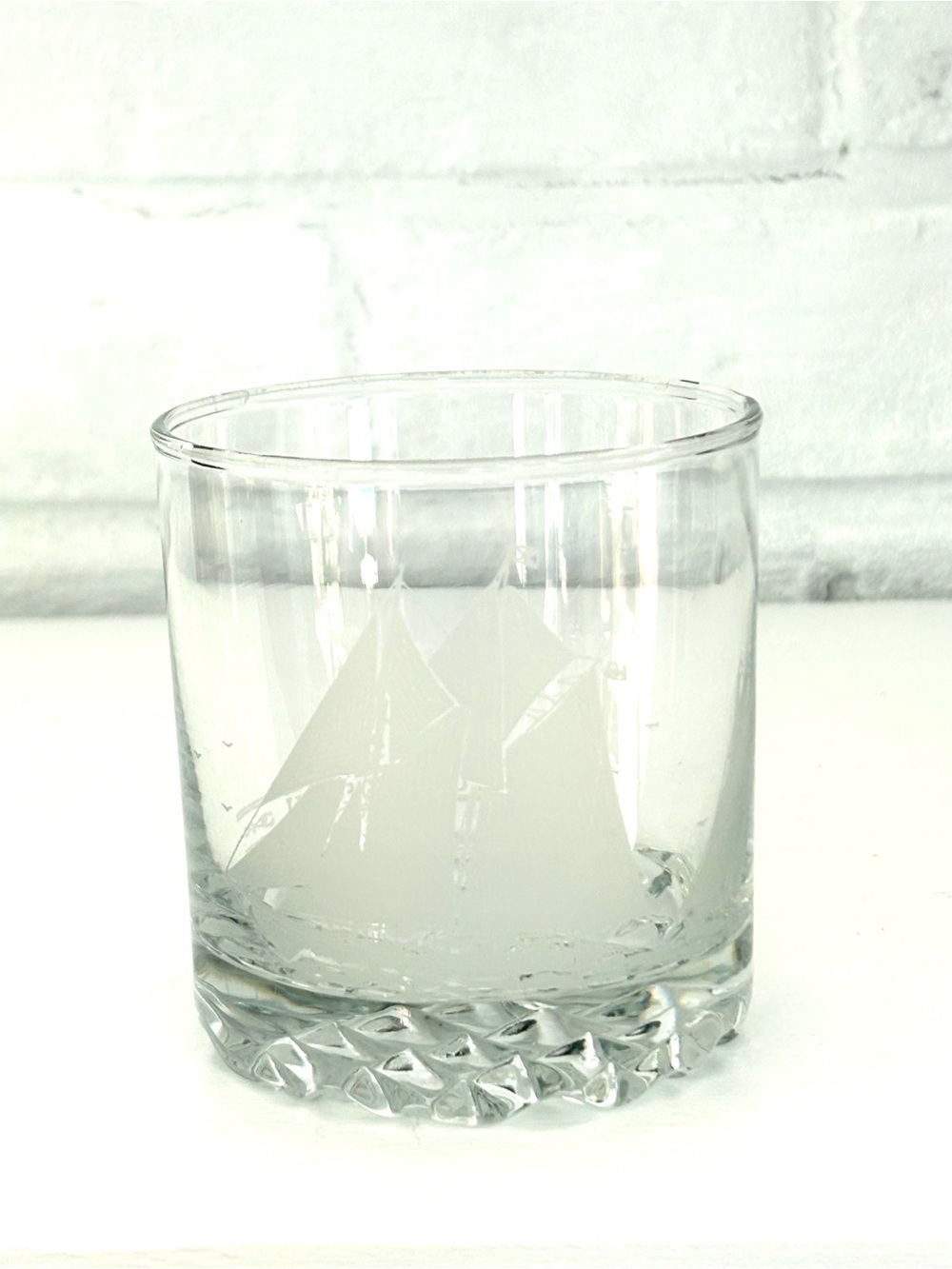 Bluenose II  Whiskey Glass  Etched Ship Tumbler Barware 3” Tall Nautical Style
